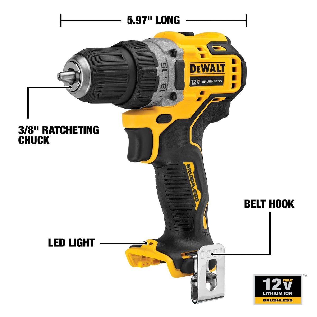 Infographic of the DEWALT DCD701B drill driver with technical callouts highlighting its lightweight 1.9 lb frame, 1500 RPM maximum speed, and the brushless motor designed for maximum runtime.