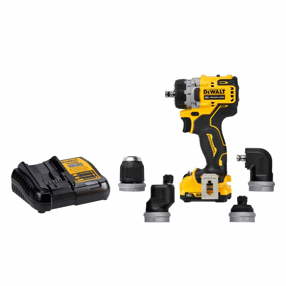 DEWALT 12V brushless drill driver kit displayed with four multi‑head attachments, charger, and compact body, showcasing the modular versatility of the DCD703F1 XTREME 12V MAX 5‑in‑1 system for tight‑space drilling and fastening.
