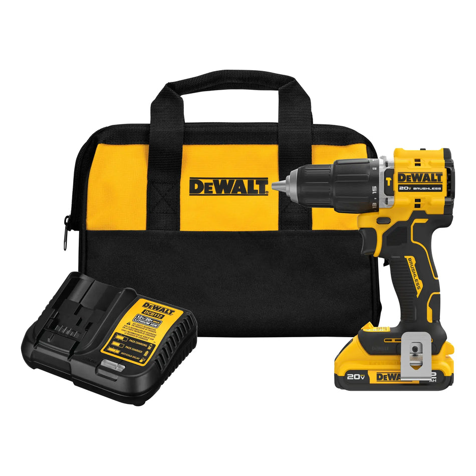 Complete DEWALT DCD799D1 ATOMIC COMPACT SERIES 20V MAX hammer drill kit including the brushless 1/2 inch hammer drill, a 2.0Ah lithium-ion battery, charger, and yellow and black contractor bag.