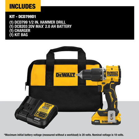 Marketing kit layout for the DEWALT DCD799D1 ATOMIC COMPACT SERIES featuring a list of included components: (1) DCD799 1/2 inch brushless hammer drill, (1) DCB203 2.0Ah battery, (1) multi-voltage charger, and (1) yellow and black contractor kit bag.