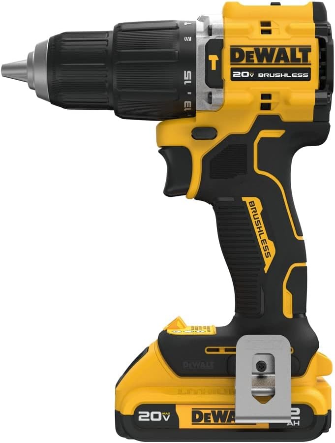 Side view of the DEWALT DCD799 brushless hammer drill showcasing the 15-position clutch collar and the ultra-short 6.49 inch head length designed for drilling in tight workspaces.