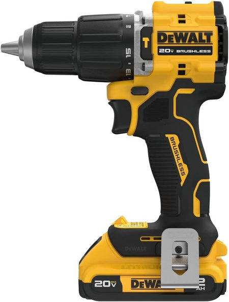 Side view of the DEWALT DCD799 brushless hammer drill showcasing the 15-position clutch collar and the ultra-short 6.49 inch head length designed for drilling in tight workspaces.