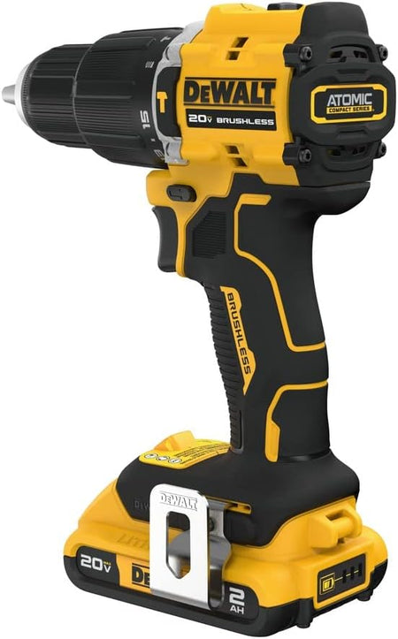 Rear angled perspective of the DEWALT ATOMIC COMPACT SERIES hammer drill illustrating the brushless motor end cap and the compact 20V MAX battery base with an integrated LED work light.