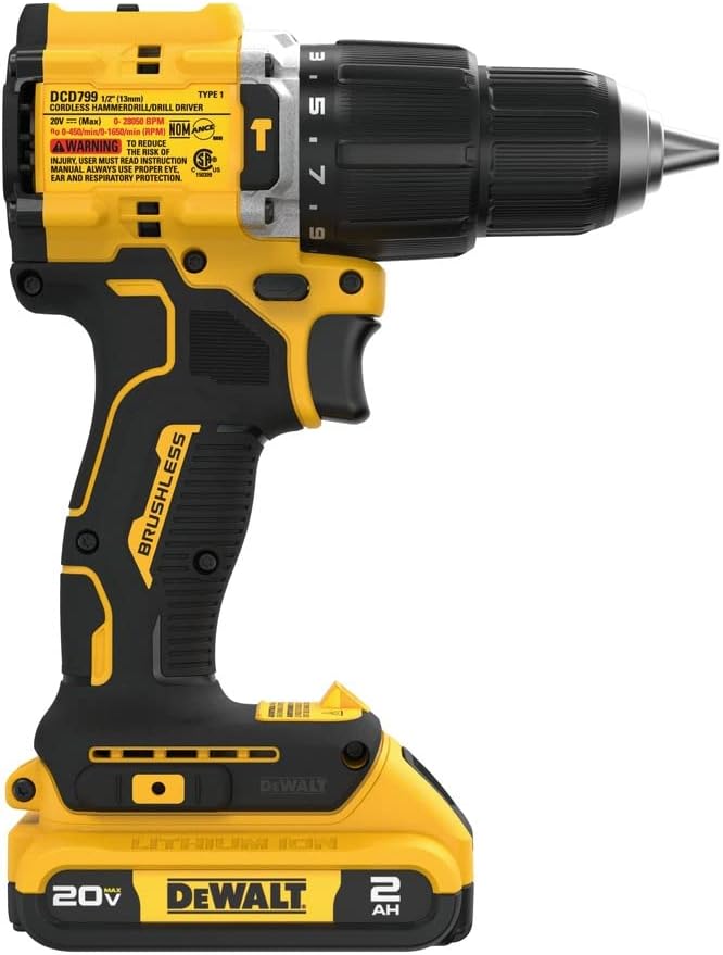 Technical side view of the DEWALT DCD799 hammer drill featuring the 20V MAX brushless branding and detailed model specifications on the tool housing for professional reference.