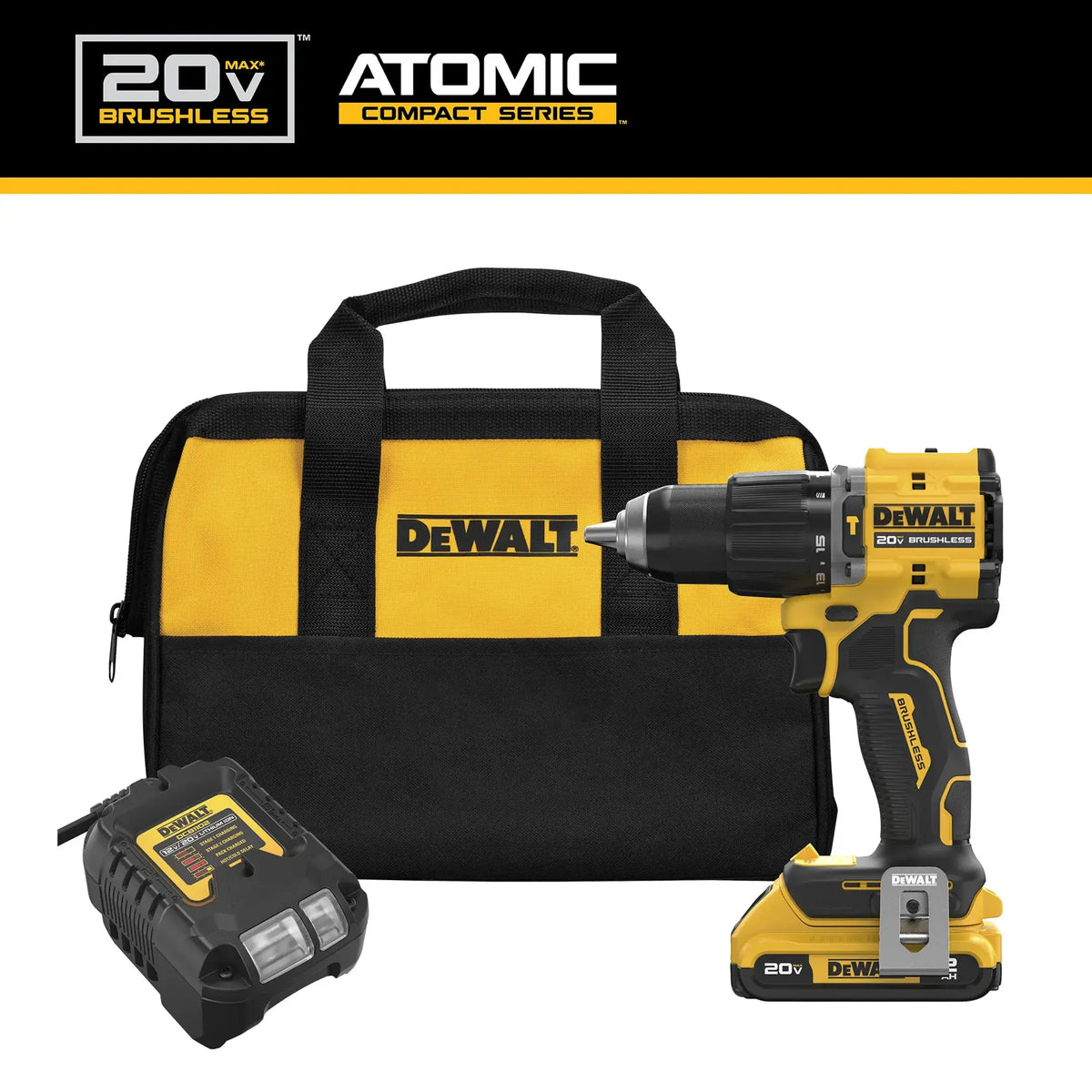 Product layout for the DEWALT DCD799D1 kit including the brushless hammer drill, battery, charger, and carrying bag with the ATOMIC COMPACT SERIES marketing header.