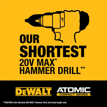 Marketing graphic featuring the silhouette of the DEWALT hammer drill on a yellow background stating that this is the shortest 20V MAX hammer drill at only 6.49 inches in tool head length.