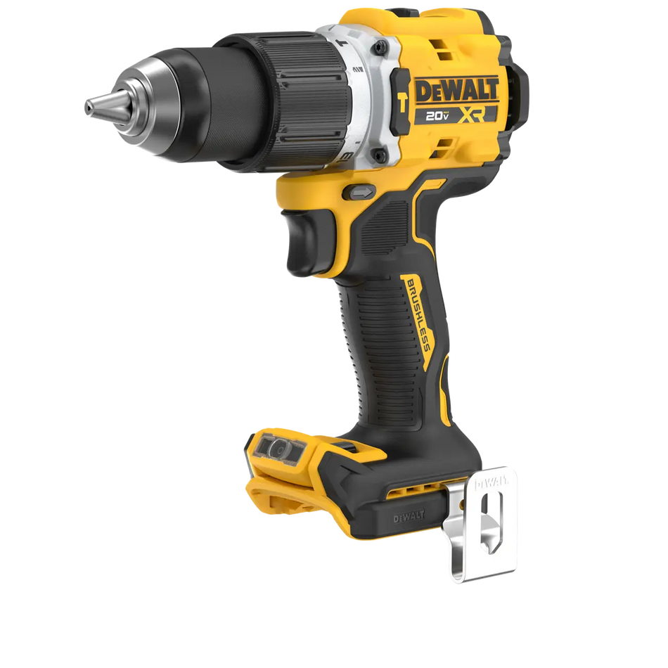 A three-quarter profile studio view of the DEWALT DCD806B 20V MAX XR brushless cordless 1/2-inch hammer drill bare tool against a white background, displaying its compact yellow and black housing, texturized rubber handle grip, variable-speed trigger, all-metal keyless ratcheting chuck, and attached metal belt hook.