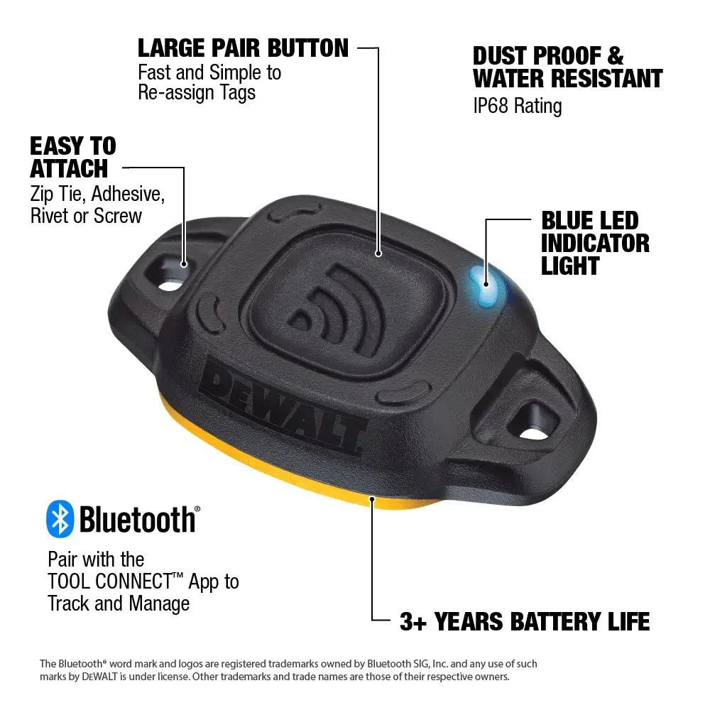 A technical infographic for the DEWALT DCE041 Tool Connect Bluetooth tag. Feature callouts identify the large pairing button for fast tag assignment, the IP68 dustproof and water-resistant rating, the blue LED indicator light, the three-plus years of battery life, and multiple attachment methods including zip ties, adhesive, rivets, or screws.