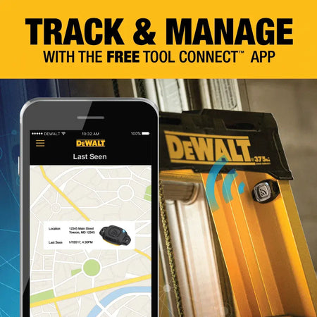 A lifestyle graphic showing the DEWALT Tool Connect app on a smartphone screen next to a tag mounted on an extension ladder. The app displays the Last Seen feature with a map and street address, demonstrating how the Bluetooth asset tracker provides real-time location data for jobsite equipment management.