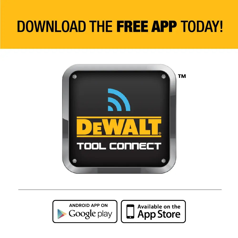 A marketing graphic featuring the DEWALT Tool Connect logo with links to download the free inventory management app on the Google Play store and the Apple App Store. The image emphasizes the software integration required to track and manage tagged tools and equipment.