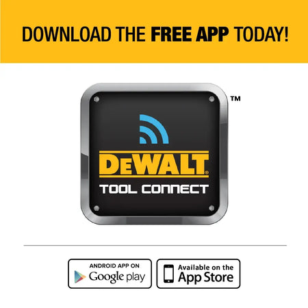 A marketing graphic featuring the DEWALT Tool Connect logo with links to download the free inventory management app on the Google Play store and the Apple App Store. The image emphasizes the software integration required to track and manage tagged tools and equipment.