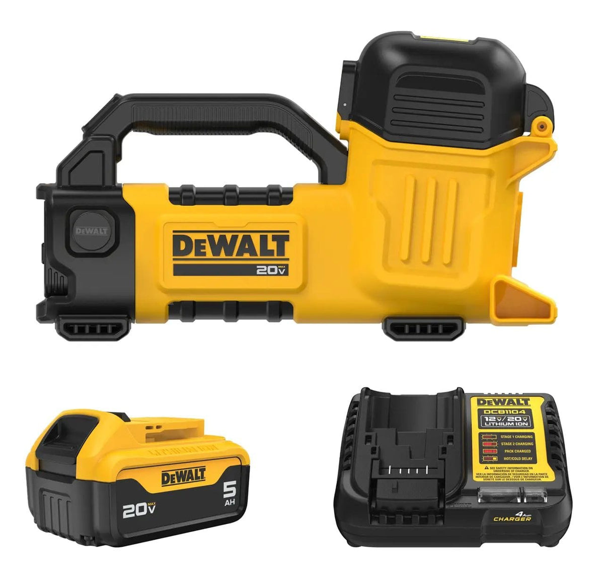 A studio product kit shot of the yellow and black DEWALT 20V MAX cordless transfer pump displayed against a white background along with an included 5.0 Ah battery pack, a multi-voltage charger, and a clear coiled suction hose with a brass suction strainer attachment.