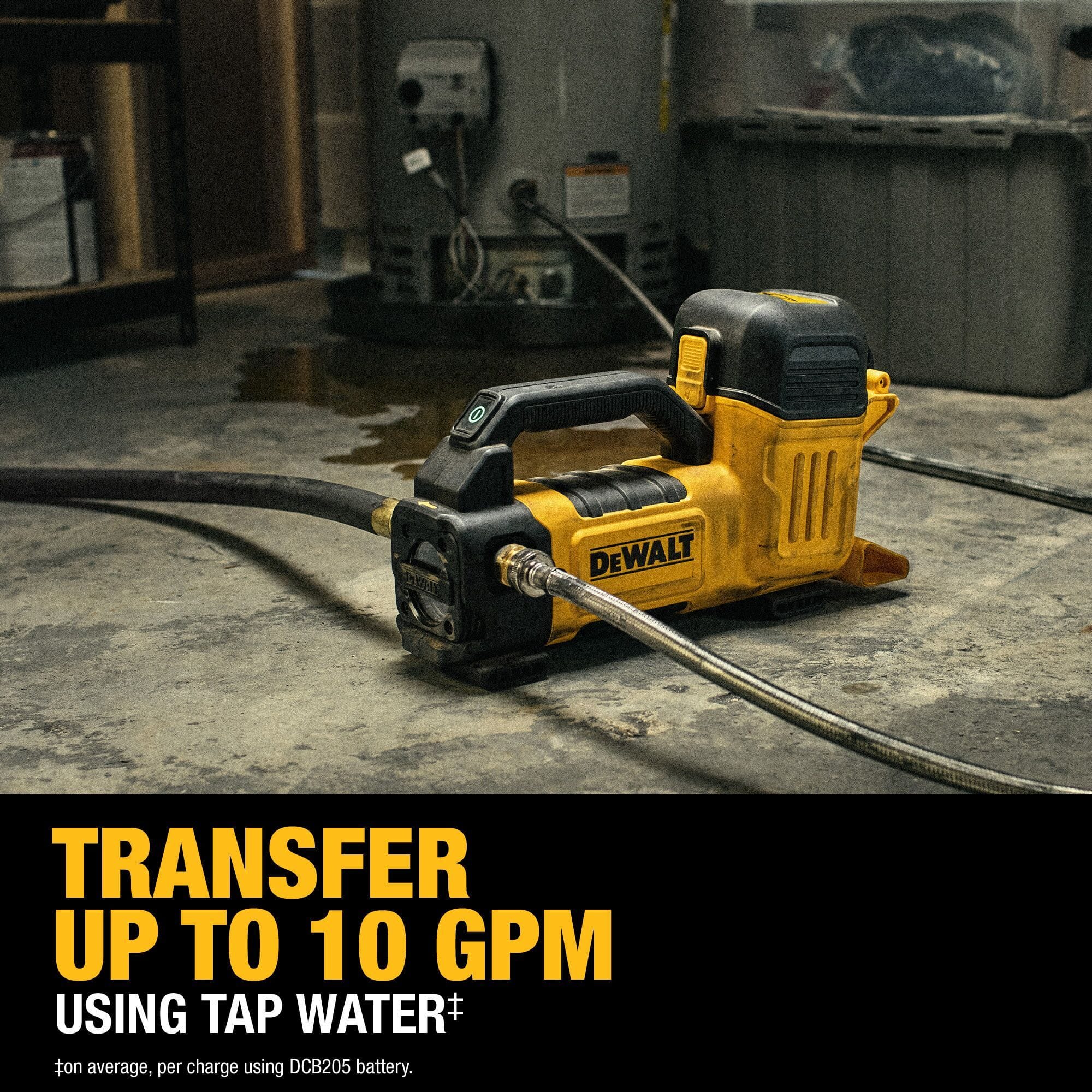 A close-up studio shot of the DEWALT 20V MAX cordless transfer pump resting on a white surface with clear plastic hoses attached to the brass inlet and outlet ports.