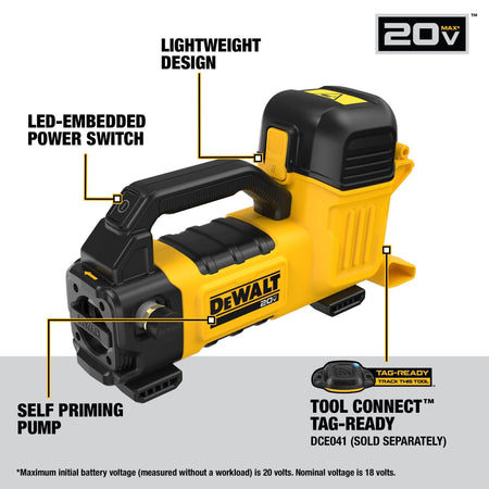 DEWALT DCE050P1 20V MAX self-priming transfer pump operating on a concrete floor next to a water heater with inlet and outlet hoses attached. Text reads Transfer up to 10 GPM using tap water for plumbing drainage and water removal.