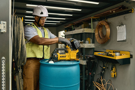 Diagram showing features of the DEWALT 20V MAX cordless transfer pump, highlighting the lightweight design, LED-embedded power switch, self-priming pump mechanism, and Tool Connect tag-ready slot DCE041.