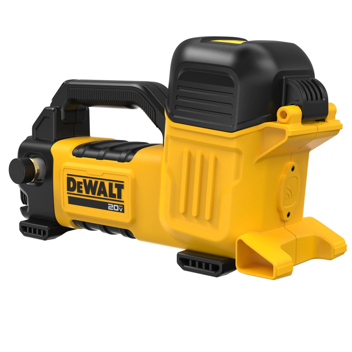 A direct front studio shot of the DEWALT cordless transfer pump highlighting its symmetrical yellow composite housing, black rubber side protective bumpers, and parallel durable brass intake and discharge ports with external pipe threading.