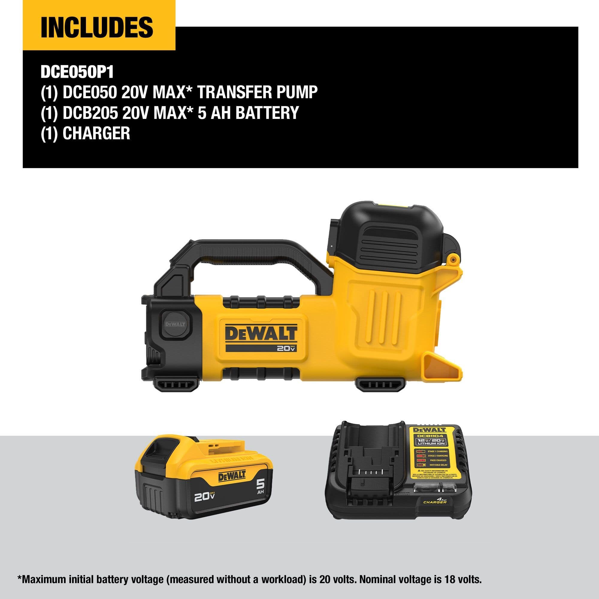 A clean retail kit compilation layout over a gray background detailing the components included in the box, specifically highlighting individual product photos for the utility transfer pump, the DCB205 5.0 Ah lithium-ion battery pack, and the DCB1104 fast charger.