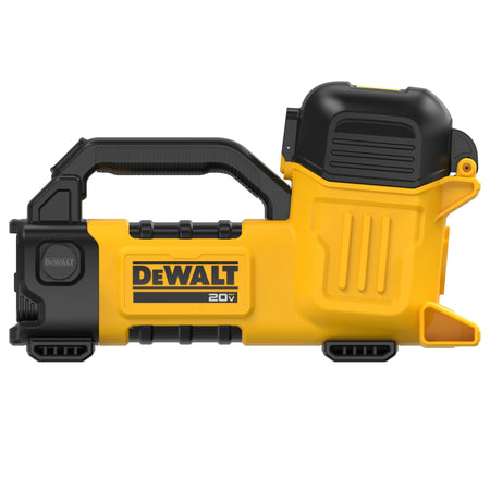 A three-quarter side studio perspective of the cordless transfer pump from an elevated angle, emphasizing the black rubberized power selector button featuring an integrated LED status light indicator on the side panel.