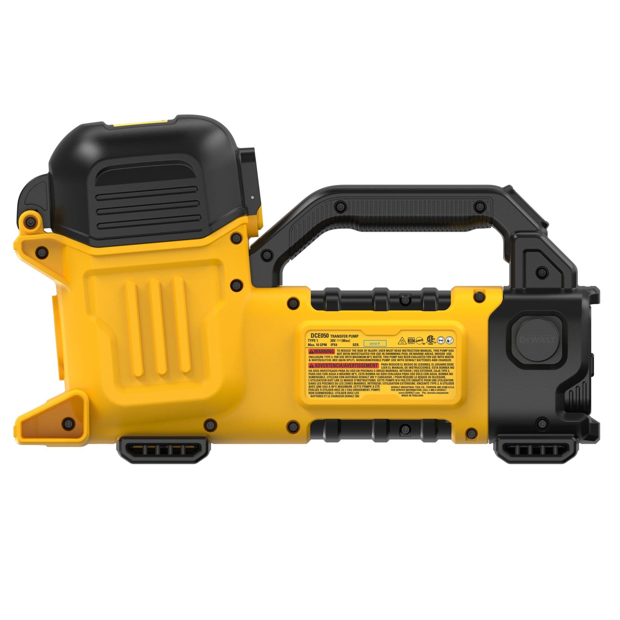 A direct front studio shot of the DEWALT cordless transfer pump highlighting its symmetrical yellow composite housing, black rubber side protective bumpers, and parallel durable brass intake and discharge ports with external pipe threading.