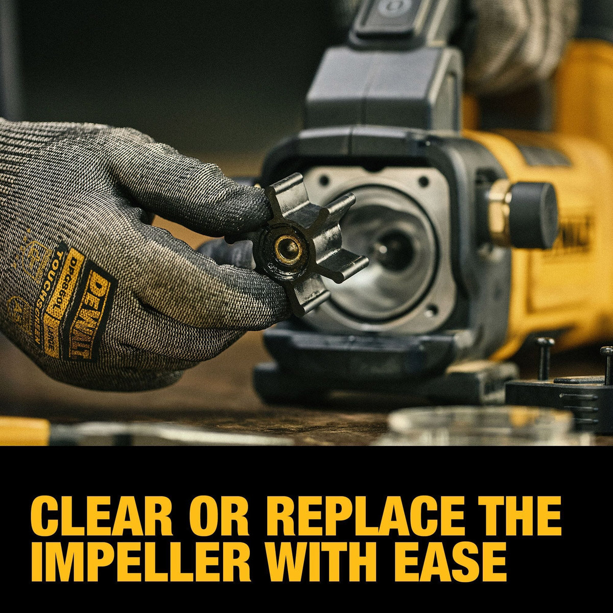 DEWALT DCE050P1 10 GPM cordless transfer pump with a gloved hand removing the black rubber impeller from the self-priming pump housing. Text reads Clear or replace the impeller with ease. Suitable for HVAC and plumbing tool maintenance.