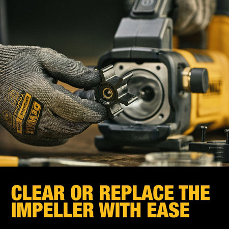 DEWALT DCE050P1 10 GPM cordless transfer pump with a gloved hand removing the black rubber impeller from the self-priming pump housing. Text reads Clear or replace the impeller with ease. Suitable for HVAC and plumbing tool maintenance.