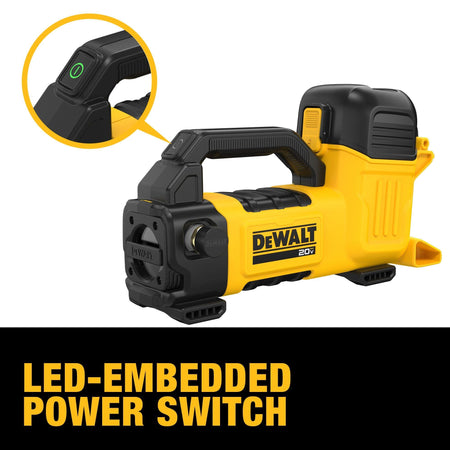 Product view of a yellow and black DEWALT 20V MAX cordless transfer pump showcasing the lightweight design and top handle. Inset circle highlights the LED-embedded power switch. Text reads LED-embedded power switch.