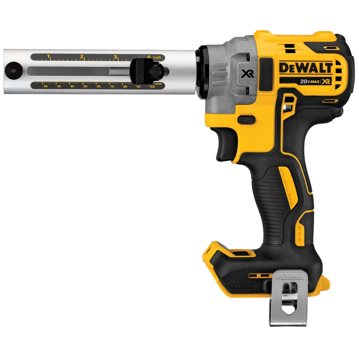 Side profile of the DEWALT DCE151B 20V MAX XR brushless cordless cable stripper featuring the adjustable depth gauge for consistent 4-inch stripping of THHN and XHHW electrical wire.