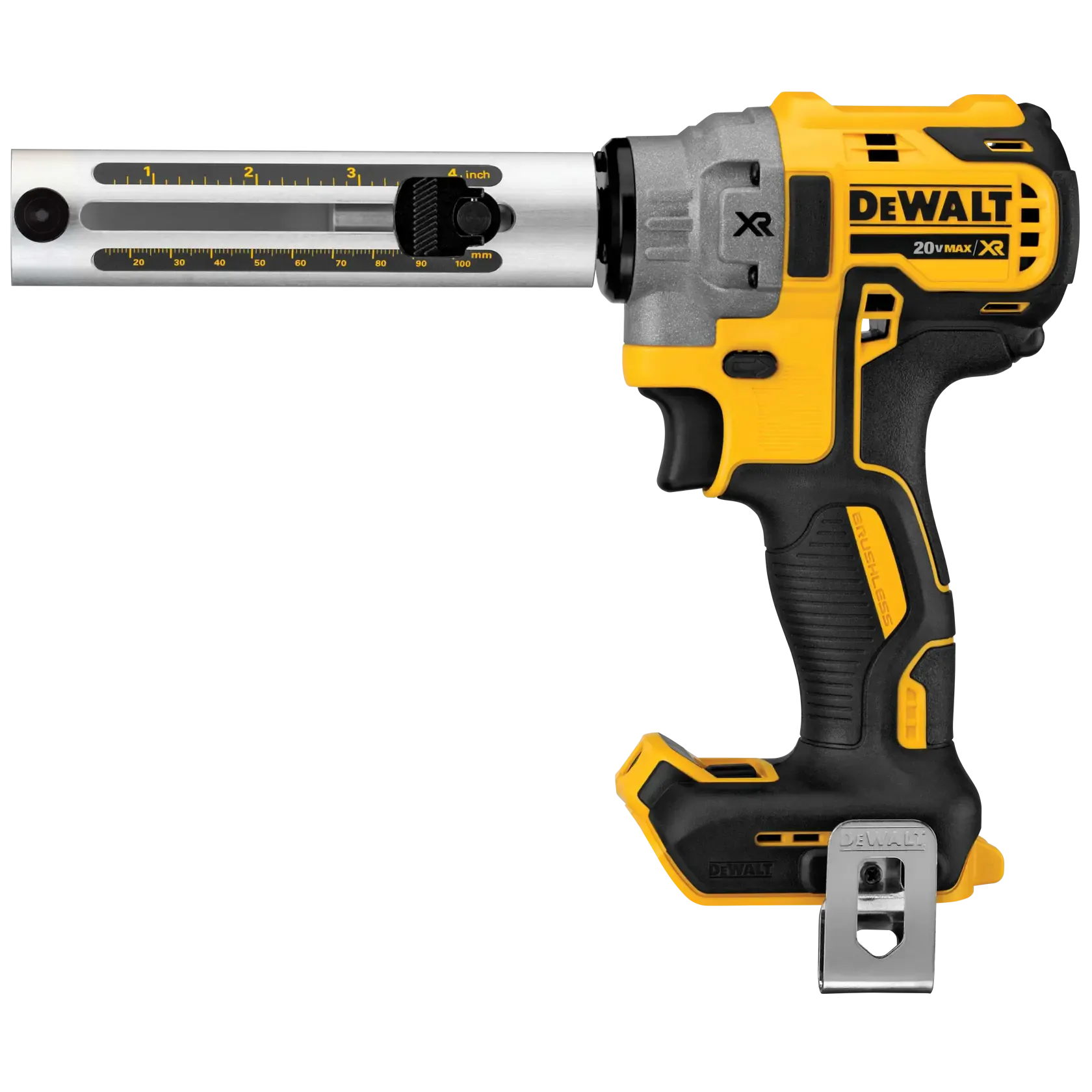 Side profile of the DEWALT DCE151B 20V MAX XR brushless cordless cable stripper featuring the adjustable depth gauge for consistent 4-inch stripping of THHN and XHHW electrical wire.