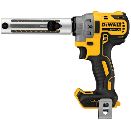 Side profile of the DEWALT DCE151B 20V MAX XR brushless cordless cable stripper featuring the adjustable depth gauge for consistent 4-inch stripping of THHN and XHHW electrical wire.