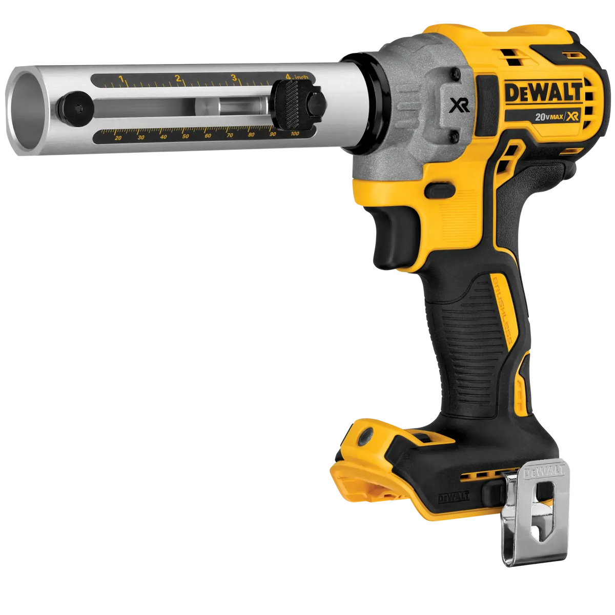 Angled front view of the DEWALT 20V MAX XR brushless cable stripper bare tool, showcasing the quick-release bushing chuck and ergonomic handle design for high-volume electrical prep.