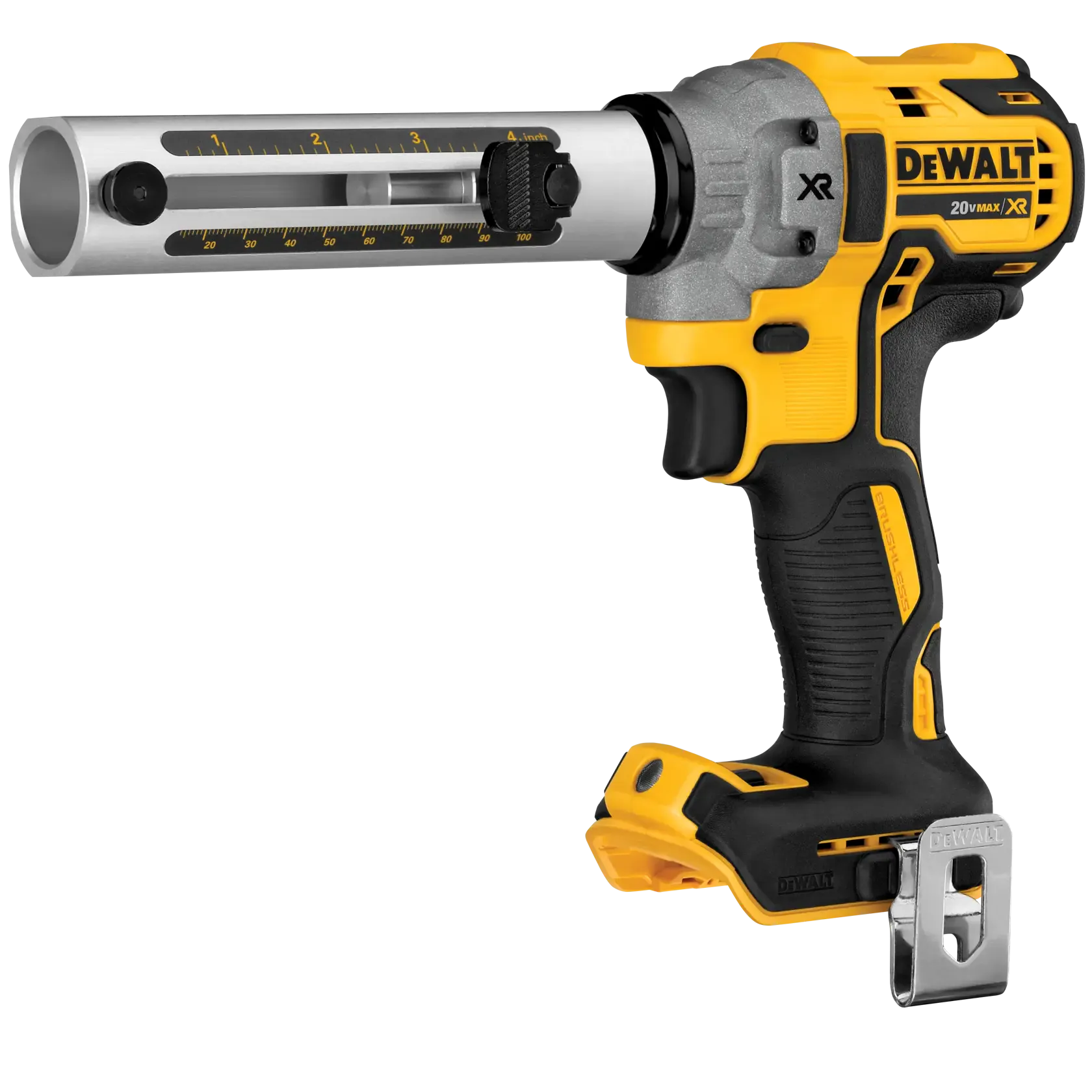 Angled front view of the DEWALT 20V MAX XR brushless cable stripper bare tool, showcasing the quick-release bushing chuck and ergonomic handle design for high-volume electrical prep.