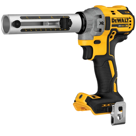 Angled front view of the DEWALT 20V MAX XR brushless cable stripper bare tool, showcasing the quick-release bushing chuck and ergonomic handle design for high-volume electrical prep.