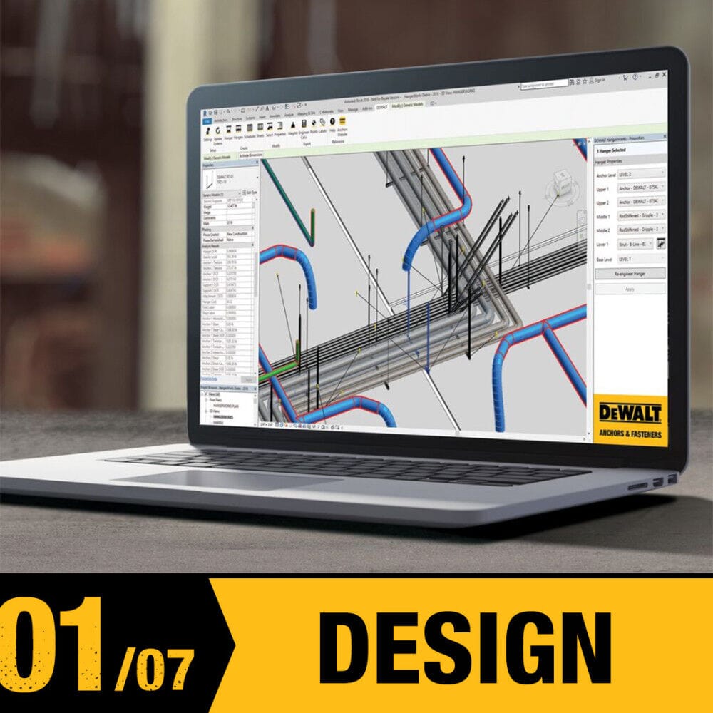 DEWALT Design phase graphic showing a laptop with professional engineering software for electrical system layout and planning, illustrating the first step in a professional workflow.