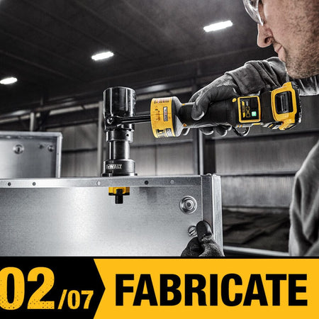 Fabrication phase graphic showing a professional electrician using a DEWALT 20V MAX cordless knockout tool to create precision holes in a metal electrical enclosure.
