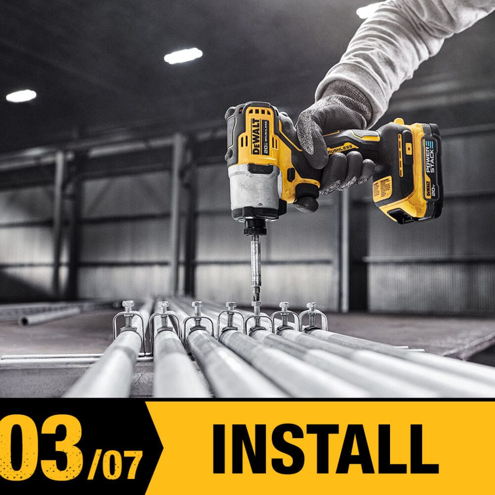 Installation phase graphic featuring an electrician using a DEWALT 20V MAX XR impact driver to securely mount electrical conduit straps to a line of piping.