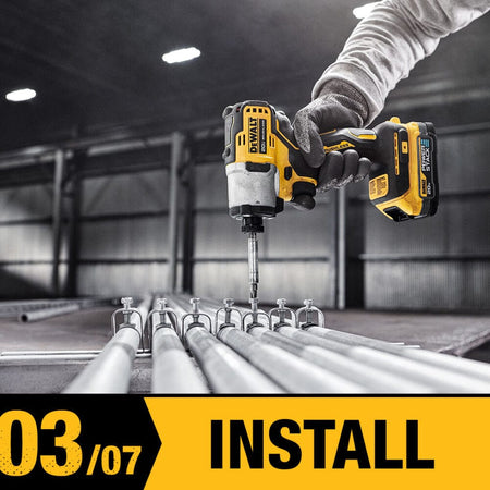 Installation phase graphic featuring an electrician using a DEWALT 20V MAX XR impact driver to securely mount electrical conduit straps to a line of piping.