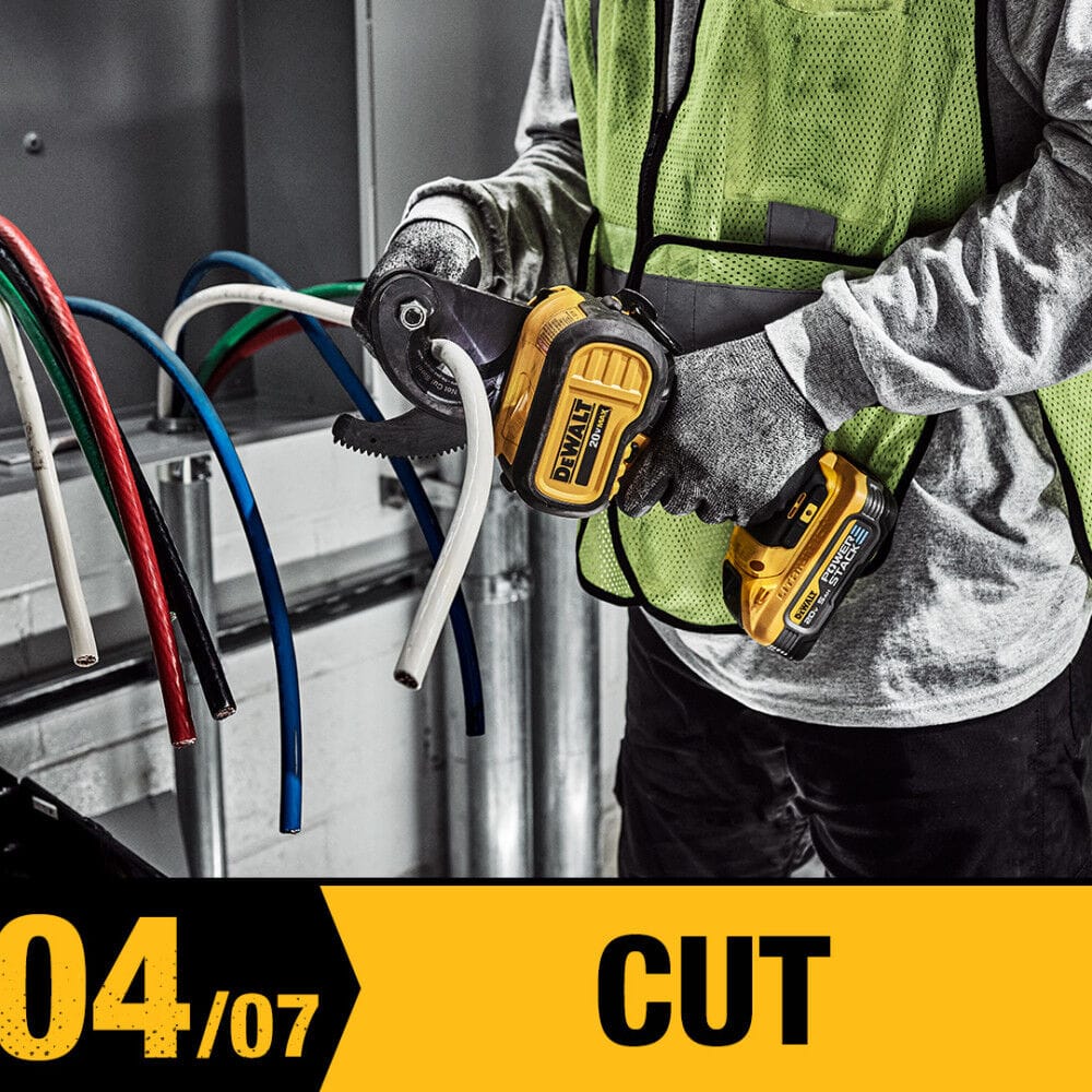 Cut phase graphic showing a worker using a DEWALT 20V MAX cordless cable cutter to cleanly slice through large diameter copper electrical wire inside a commercial panel.