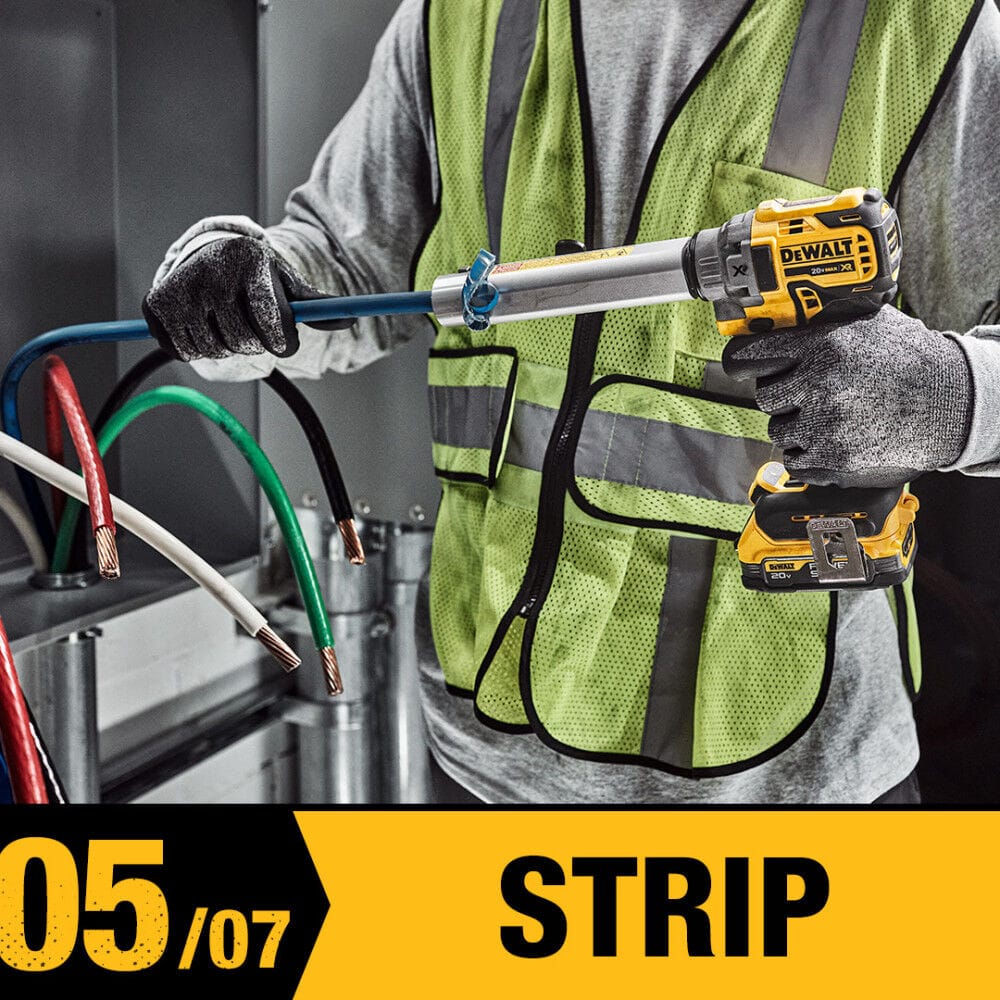 Strip phase graphic highlighting the DEWALT DCE151B cordless cable stripper in action, removing the outer insulation from a large gauge electrical cable for fast terminal connection.