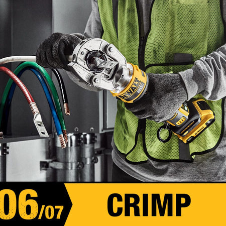 Crimp phase graphic displaying an electrician using a DEWALT 20V MAX cordless cable crimping tool to secure a heavy-duty lug onto the end of a stripped copper conductor.