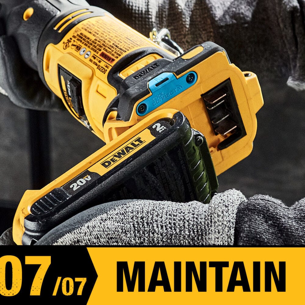 Maintain phase graphic showing a close-up of a DEWALT tool with an integrated Tool Connect tag, emphasizing inventory management and maintenance tracking for electrical contractors.