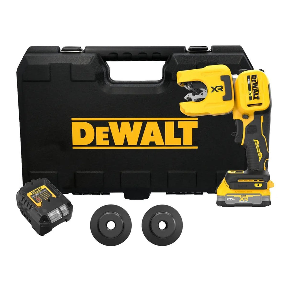 A comprehensive studio product kit shot of the DEWALT DCE154 20V MAX XR brushless cordless 1-1/4-inch copper tubing cutter with an attached POWERSTACK battery pack, arranged over a white background in front of its heavy-duty black molded plastic storage carrying case and two replacement cutting wheels.