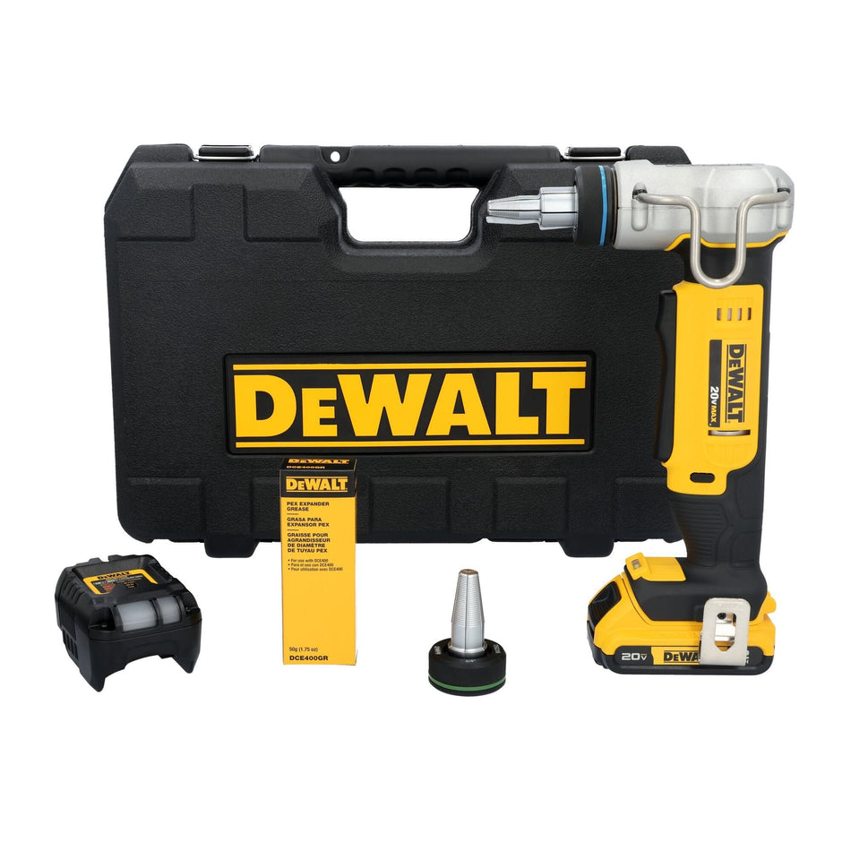 Full kit view of the DEWALT DCE400D1 20V MAX cordless PEX expansion tool for Type A tubing, including the hard case, battery, charger, expander grease, and an extra expansion head.