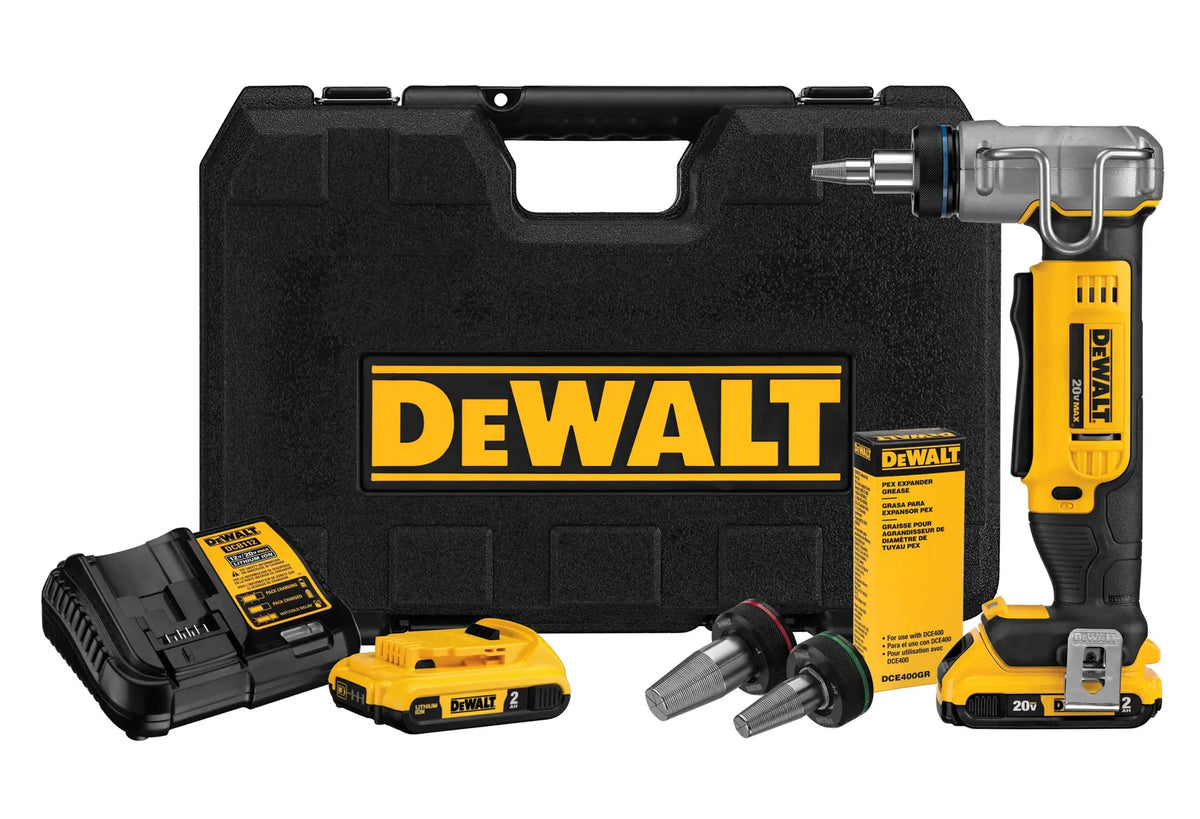 DEWALT DCE400D2 20V MAX XR PEX expander kit including the brushless tool, two 2.0Ah lithium ion batteries, fast charger, three expansion heads, expander grease, and a heavy-duty black carrying case.