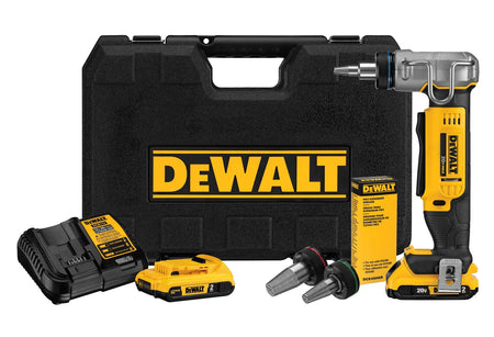 DEWALT DCE400D2 20V MAX XR PEX expander kit including the brushless tool, two 2.0Ah lithium ion batteries, fast charger, three expansion heads, expander grease, and a heavy-duty black carrying case.
