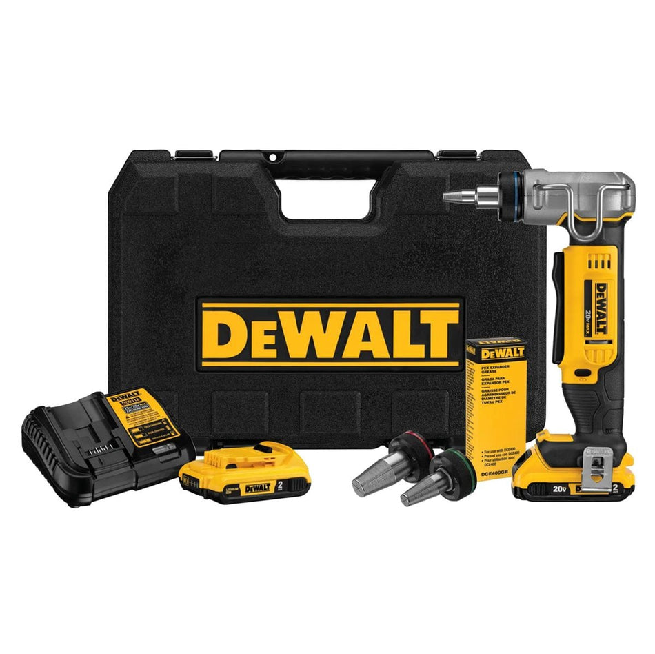 DEWALT DCE400D2 20V MAX XR PEX expander kit including the brushless tool, two 2.0Ah lithium ion batteries, fast charger, three expansion heads, expander grease, and a heavy-duty black carrying case.