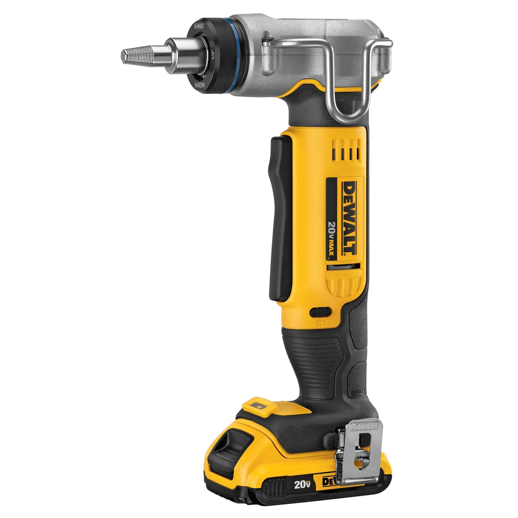 Side profile of the DEWALT 20V MAX XR brushless PEX expander tool highlighting the compact design, ergonomic rubber overmold grip, automatic rotating head, and steel belt hook for plumbing installations.