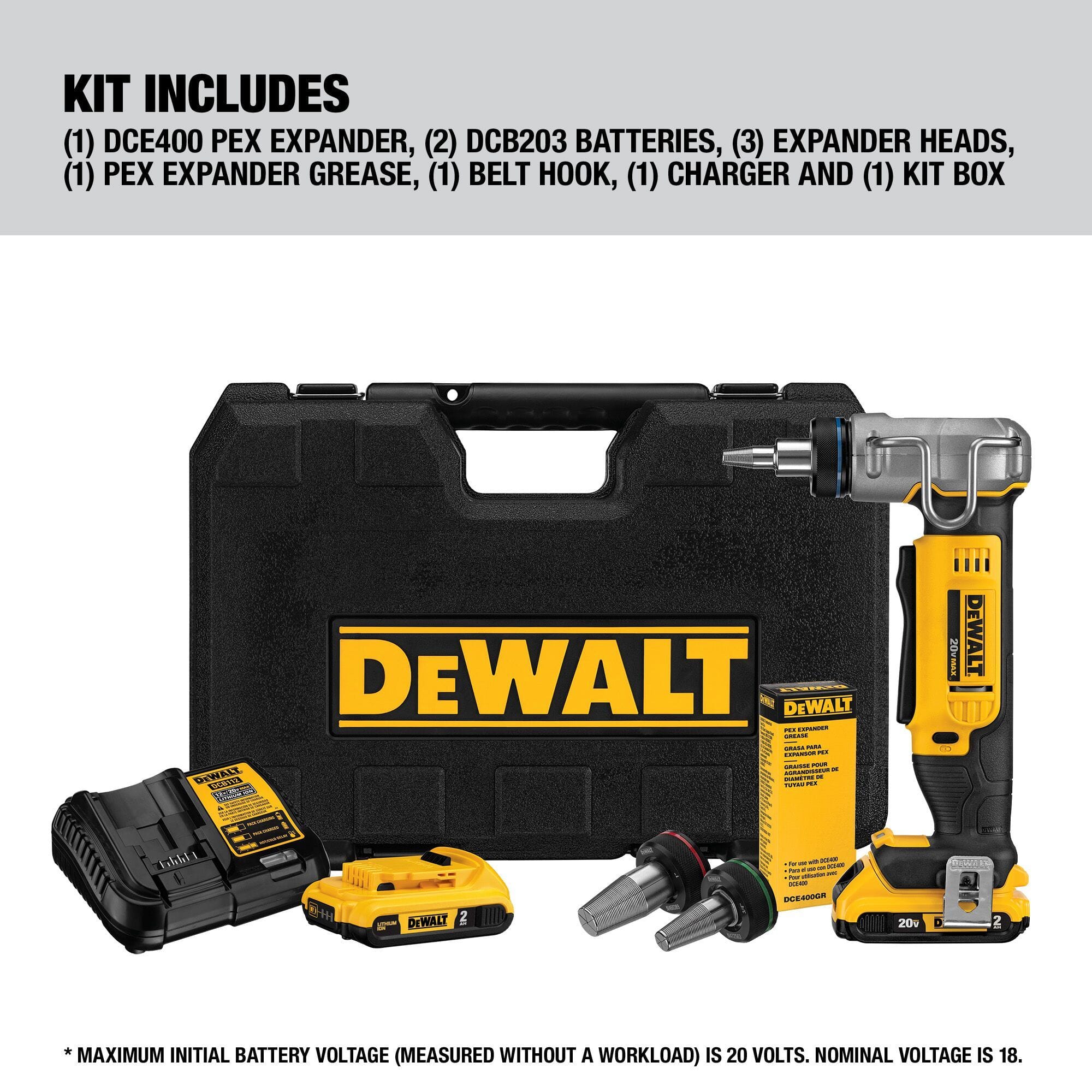DEWALT DCE400D2 kit components overview showing the expander tool, DCB203 batteries, expander heads, specialized expander grease, belt hook, charger, and protective kit box.