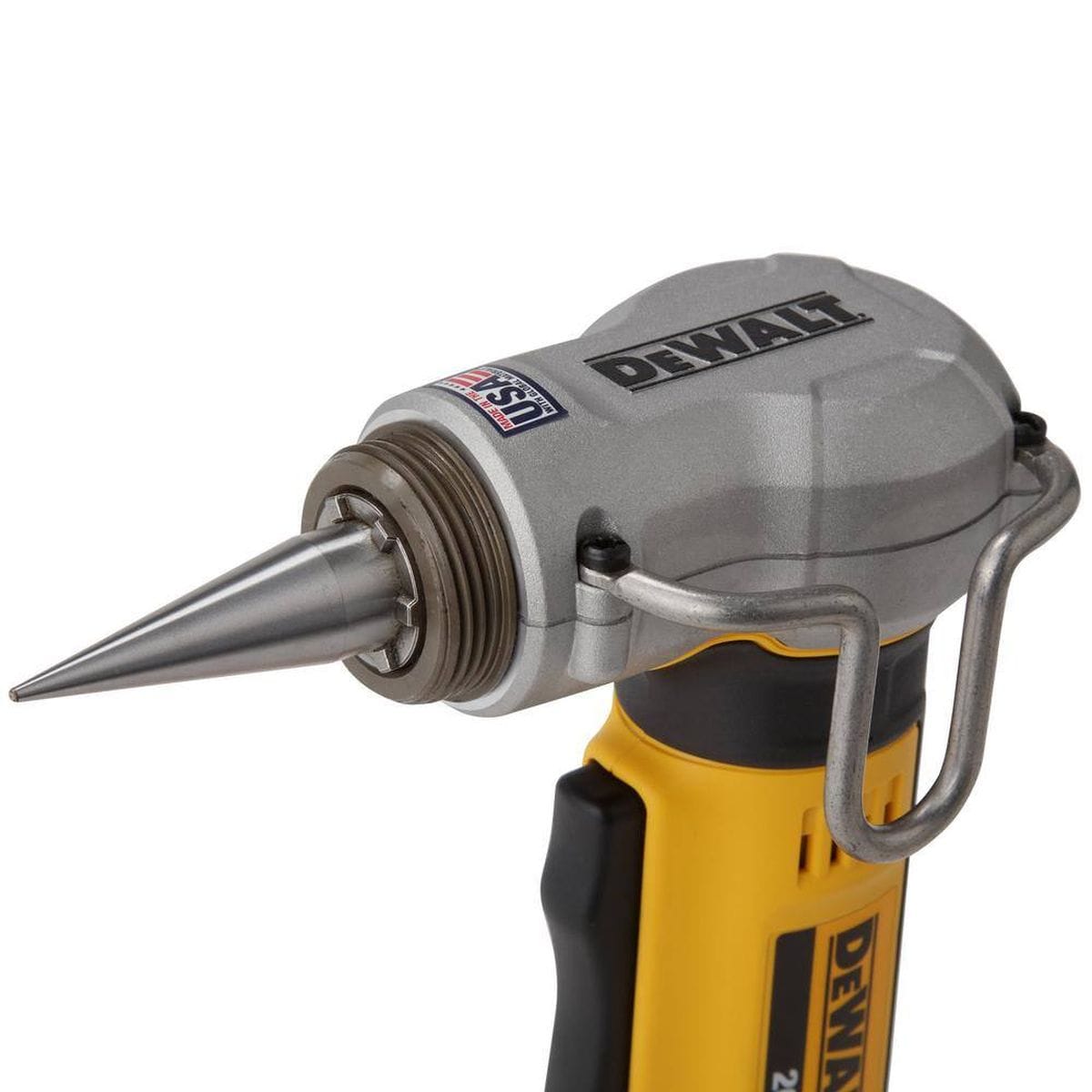 Close-up detail of the DEWALT expansion head cone illustrating the heavy-duty metal construction designed for reliable expansion of Type-A PEX tubing.