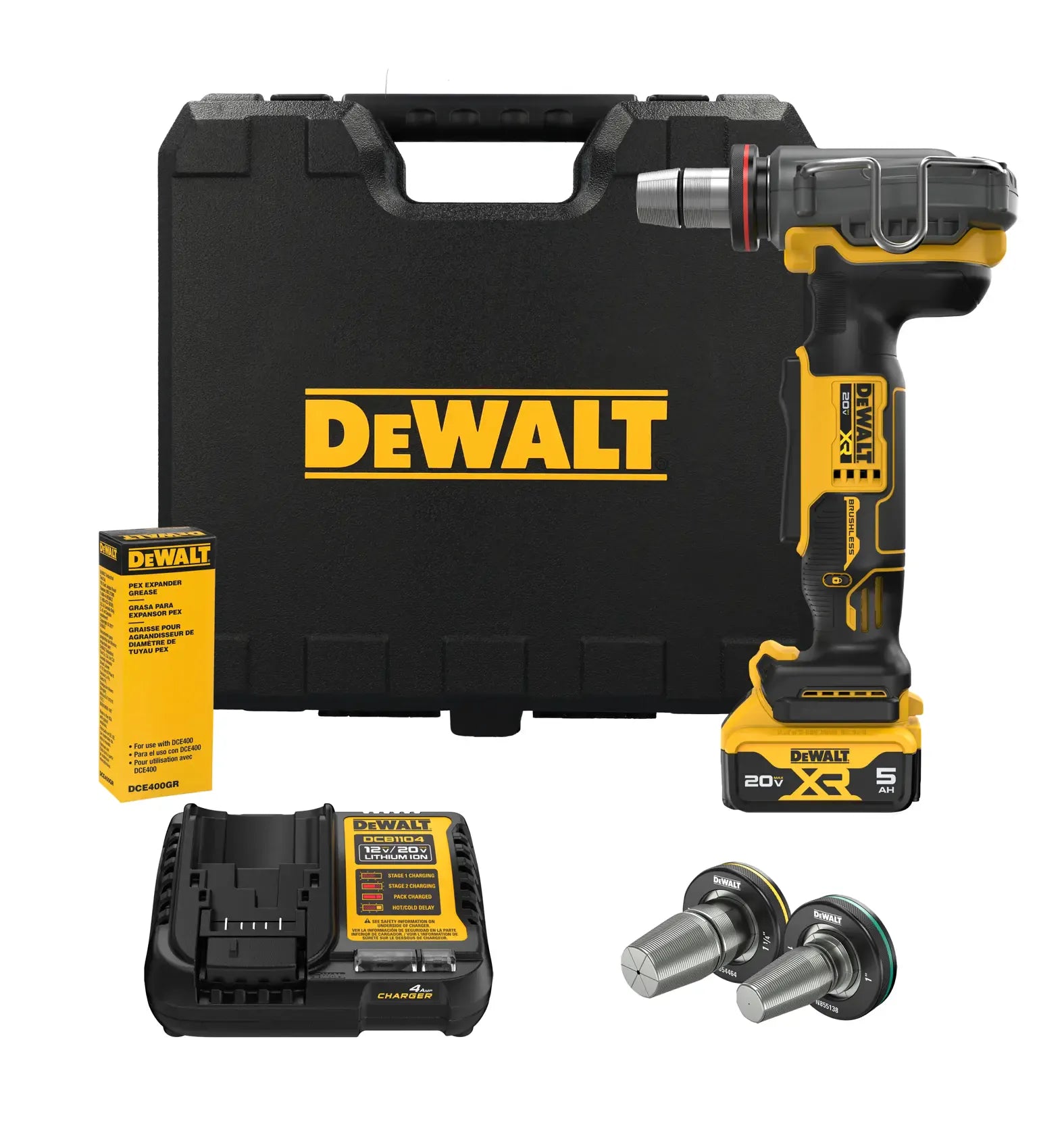 Side profile view of the DEWALT DCE410P1 20V MAX XR cordless 1-1/2 inch PEX expander showcasing the ergonomic right-angle design and high-efficiency brushless motor housing.