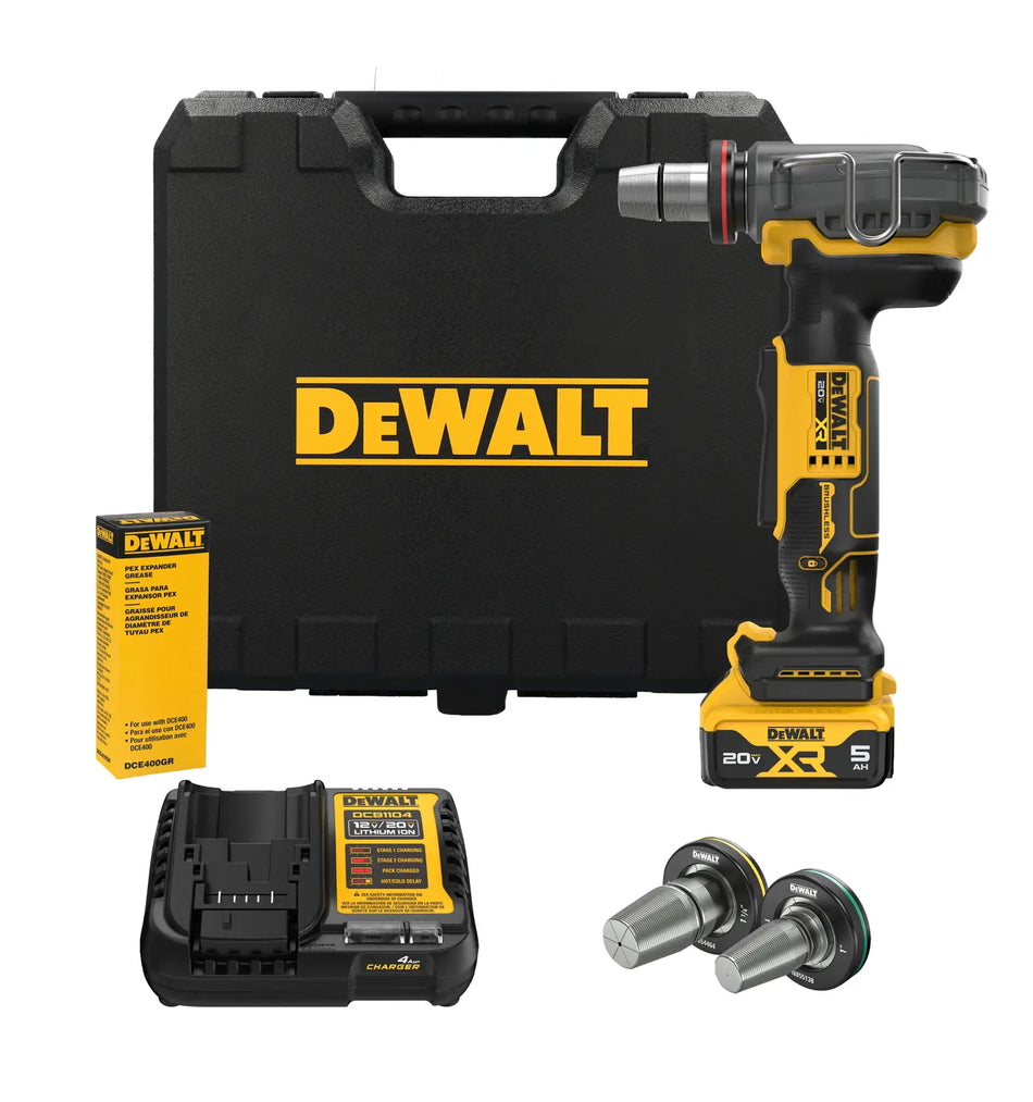 Side profile view of the DEWALT DCE410P1 20V MAX XR cordless 1-1/2 inch PEX expander showcasing the ergonomic right-angle design and high-efficiency brushless motor housing.